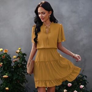 GORGEOUS A-line Tie Neck Tiered Dress Turmeric Medium